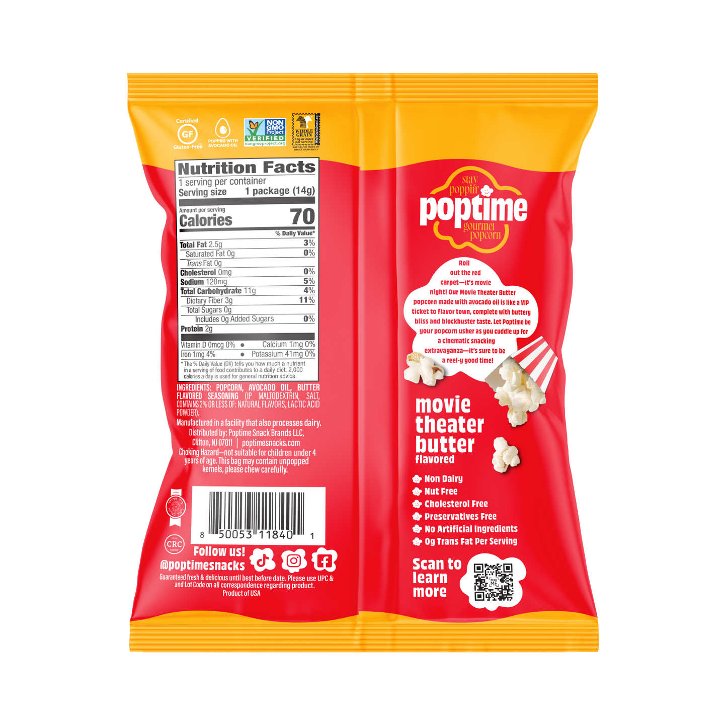 Poptime Movie Butter Popcorn  – Smart Snack Singles (0.50oz) - Case of 32